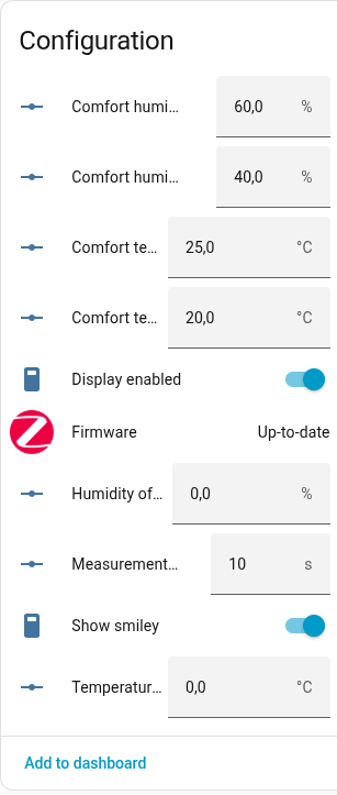 A screenshot from Home Assistant of the device configuration with various features: comfort humidity and temperature thresholds, display enabled/disabled, firmware updates, smiley enable/disabled, and more
