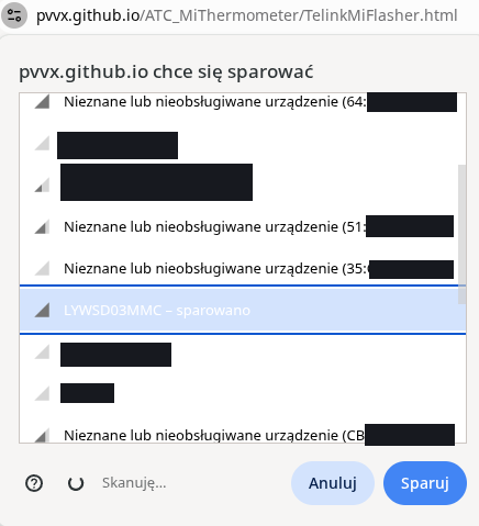 A screenshot of the Chrome on Linux Bluetooth device list.